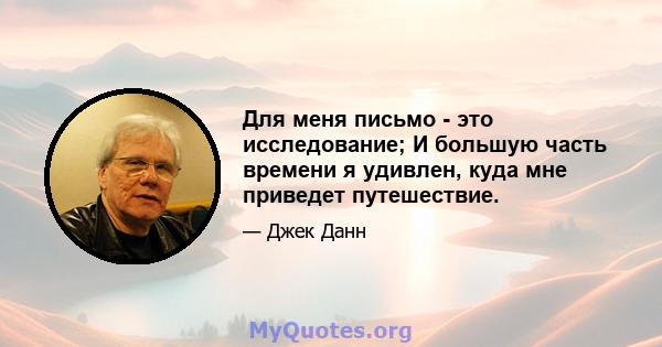 Для меня письмо - это исследование; И большую часть времени я удивлен, куда мне приведет путешествие.