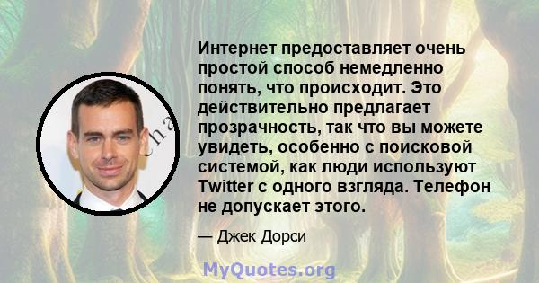 Интернет предоставляет очень простой способ немедленно понять, что происходит. Это действительно предлагает прозрачность, так что вы можете увидеть, особенно с поисковой системой, как люди используют Twitter с одного