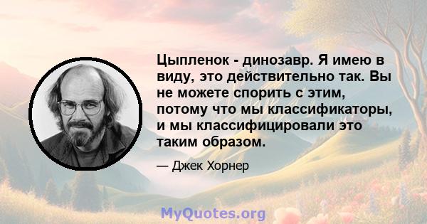 Цыпленок - динозавр. Я имею в виду, это действительно так. Вы не можете спорить с этим, потому что мы классификаторы, и мы классифицировали это таким образом.