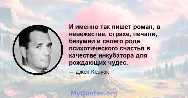 И именно так пишет роман, в невежестве, страхе, печали, безумии и своего роде психотического счастья в качестве инкубатора для рождающих чудес.