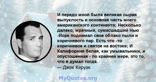 И передо мной была великая сырая выпуклость и основная часть моего американского континента; Несколько далеко, мрачный, сумасшедший Нью -Йорк поднимал свое облако пыли и коричневого пар. Есть что -то коричневое и святое 