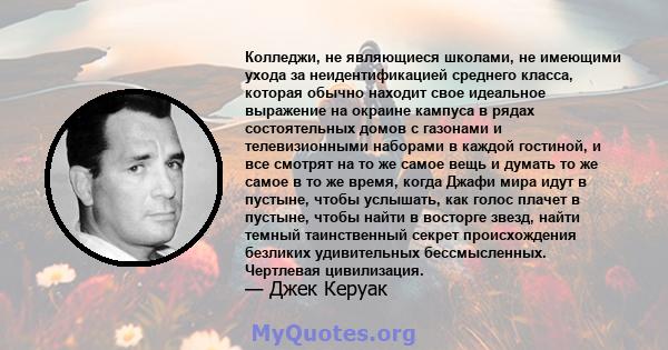 Колледжи, не являющиеся школами, не имеющими ухода за неидентификацией среднего класса, которая обычно находит свое идеальное выражение на окраине кампуса в рядах состоятельных домов с газонами и телевизионными наборами 