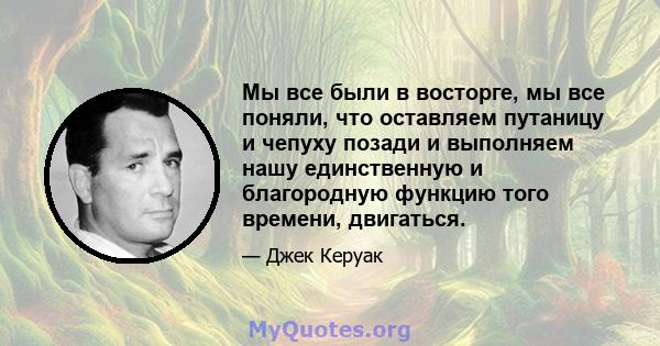 Мы все были в восторге, мы все поняли, что оставляем путаницу и чепуху позади и выполняем нашу единственную и благородную функцию того времени, двигаться.