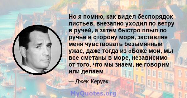 Но я помню, как видел беспорядок листьев, внезапно уходил по ветру в ручей, а затем быстро плыл по ручье в сторону моря, заставляя меня чувствовать безымянный ужас, даже тогда из «Боже мой, мы все сметаны в море,