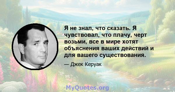 Я не знал, что сказать. Я чувствовал, что плачу, черт возьми, все в мире хотят объяснения ваших действий и для вашего существования.