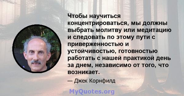 Чтобы научиться концентрироваться, мы должны выбрать молитву или медитацию и следовать по этому пути с приверженностью и устойчивостью, готовностью работать с нашей практикой день за днем, независимо от того, что