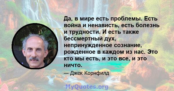 Да, в мире есть проблемы. Есть война и ненависть, есть болезнь и трудности. И есть также бессмертный дух, непринужденное сознание, рожденное в каждом из нас. Это кто мы есть, и это все, и это ничто.