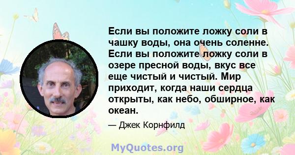 Если вы положите ложку соли в чашку воды, она очень соленне. Если вы положите ложку соли в озере пресной воды, вкус все еще чистый и чистый. Мир приходит, когда наши сердца открыты, как небо, обширное, как океан.