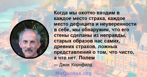 Когда мы охотно входим в каждое место страха, каждое место дефицита и неуверенности в себе, мы обнаружим, что его стены сделаны из неправды, старых образов нас самих, древних страхов, ложных представлений о том, что