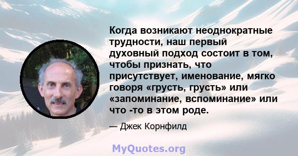 Когда возникают неоднократные трудности, наш первый духовный подход состоит в том, чтобы признать, что присутствует, именование, мягко говоря «грусть, грусть» или «запоминание, вспоминание» или что -то в этом роде.