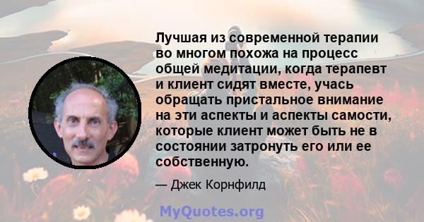 Лучшая из современной терапии во многом похожа на процесс общей медитации, когда терапевт и клиент сидят вместе, учась обращать пристальное внимание на эти аспекты и аспекты самости, которые клиент может быть не в