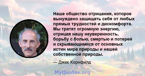 Наше общество отрицания, которое вынуждено защищать себя от любых прямых трудностей и дискомфорта. Мы тратят огромную энергию, отрицая нашу неуверенность, борьбу с болью, смертью и потерей и скрывающимися от основных