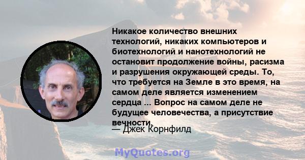 Никакое количество внешних технологий, никаких компьютеров и биотехнологий и нанотехнологий не остановит продолжение войны, расизма и разрушения окружающей среды. То, что требуется на Земле в это время, на самом деле