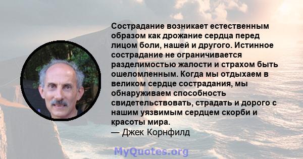 Сострадание возникает естественным образом как дрожание сердца перед лицом боли, нашей и другого. Истинное сострадание не ограничивается разделимостью жалости и страхом быть ошеломленным. Когда мы отдыхаем в великом