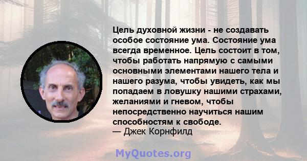 Цель духовной жизни - не создавать особое состояние ума. Состояние ума всегда временное. Цель состоит в том, чтобы работать напрямую с самыми основными элементами нашего тела и нашего разума, чтобы увидеть, как мы