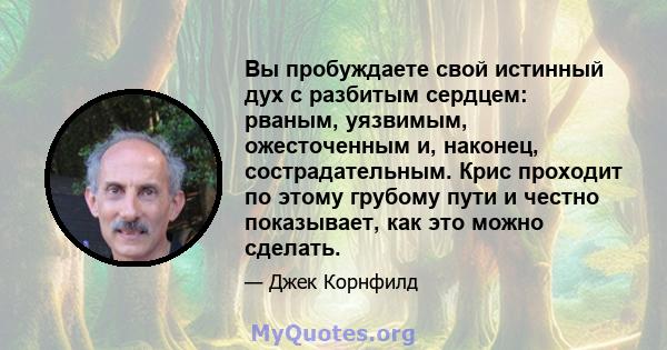 Вы пробуждаете свой истинный дух с разбитым сердцем: рваным, уязвимым, ожесточенным и, наконец, сострадательным. Крис проходит по этому грубому пути и честно показывает, как это можно сделать.