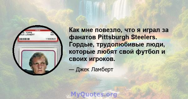 Как мне повезло, что я играл за фанатов Pittsburgh Steelers. Гордые, трудолюбивые люди, которые любят свой футбол и своих игроков.