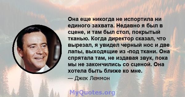 Она еще никогда не испортила ни единого захвата. Недавно я был в сцене, и там был стол, покрытый тканью. Когда директор сказал, что вырезал, я увидел черный нос и две лапы, выходящие из -под ткани. Она спрятала там, не