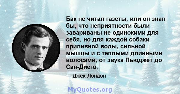 Бак не читал газеты, или он знал бы, что неприятности были завариваны не одинокими для себя, но для каждой собаки приливной воды, сильной мышцы и с теплыми длинными волосами, от звука Пьюджет до Сан-Диего.