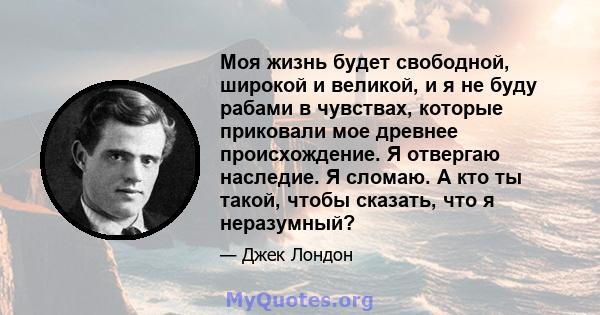 Моя жизнь будет свободной, широкой и великой, и я не буду рабами в чувствах, которые приковали мое древнее происхождение. Я отвергаю наследие. Я сломаю. А кто ты такой, чтобы сказать, что я неразумный?