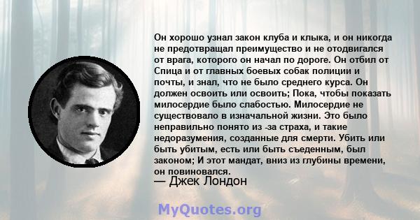 Он хорошо узнал закон клуба и клыка, и он никогда не предотвращал преимущество и не отодвигался от врага, которого он начал по дороге. Он отбил от Спица и от главных боевых собак полиции и почты, и знал, что не было