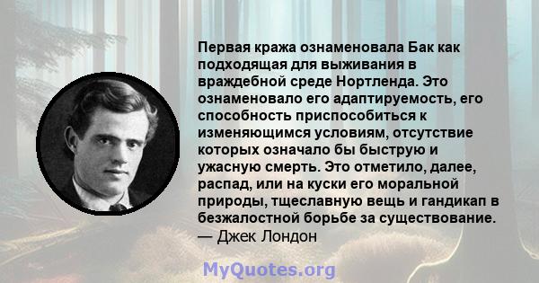 Первая кража ознаменовала Бак как подходящая для выживания в враждебной среде Нортленда. Это ознаменовало его адаптируемость, его способность приспособиться к изменяющимся условиям, отсутствие которых означало бы