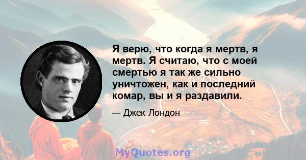 Я верю, что когда я мертв, я мертв. Я считаю, что с моей смертью я так же сильно уничтожен, как и последний комар, вы и я раздавили.