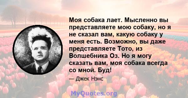 Моя собака лает. Мысленно вы представляете мою собаку, но я не сказал вам, какую собаку у меня есть. Возможно, вы даже представляете Тото, из Волшебника Оз. Но я могу сказать вам, моя собака всегда со мной. Буд!