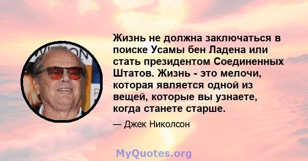 Жизнь не должна заключаться в поиске Усамы бен Ладена или стать президентом Соединенных Штатов. Жизнь - это мелочи, которая является одной из вещей, которые вы узнаете, когда станете старше.