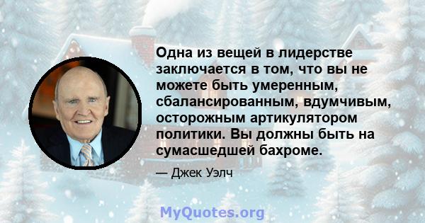 Одна из вещей в лидерстве заключается в том, что вы не можете быть умеренным, сбалансированным, вдумчивым, осторожным артикулятором политики. Вы должны быть на сумасшедшей бахроме.