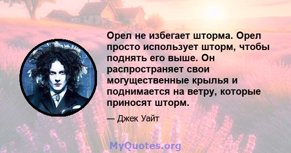 Орел не избегает шторма. Орел просто использует шторм, чтобы поднять его выше. Он распространяет свои могущественные крылья и поднимается на ветру, которые приносят шторм.