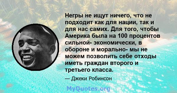 Негры не ищут ничего, что не подходит как для нации, так и для нас самих. Для того, чтобы Америка была на 100 процентов сильной- экономически, в обороне и морально- мы не можем позволить себе отходы иметь граждан