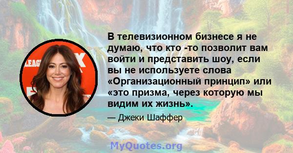 В телевизионном бизнесе я не думаю, что кто -то позволит вам войти и представить шоу, если вы не используете слова «Организационный принцип» или «это призма, через которую мы видим их жизнь».