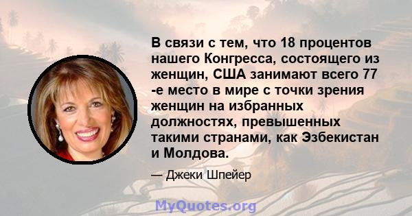 В связи с тем, что 18 процентов нашего Конгресса, состоящего из женщин, США занимают всего 77 -е место в мире с точки зрения женщин на избранных должностях, превышенных такими странами, как Эзбекистан и Молдова.