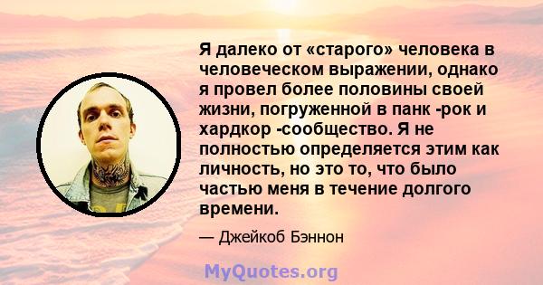 Я далеко от «старого» человека в человеческом выражении, однако я провел более половины своей жизни, погруженной в панк -рок и хардкор -сообщество. Я не полностью определяется этим как личность, но это то, что было