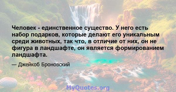 Человек - единственное существо. У него есть набор подарков, которые делают его уникальным среди животных, так что, в отличие от них, он не фигура в ландшафте, он является формированием ландшафта.