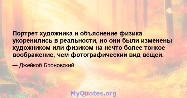 Портрет художника и объяснение физика укоренились в реальности, но они были изменены художником или физиком на нечто более тонкое воображение, чем фотографический вид вещей.