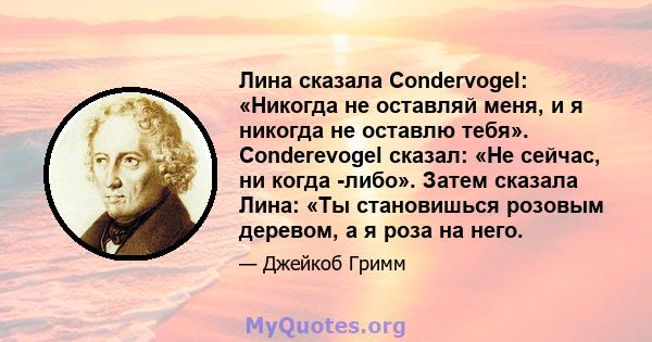 Лина сказала Condervogel: «Никогда не оставляй меня, и я никогда не оставлю тебя». Conderevogel сказал: «Не сейчас, ни когда -либо». Затем сказала Лина: «Ты становишься розовым деревом, а я роза на него.