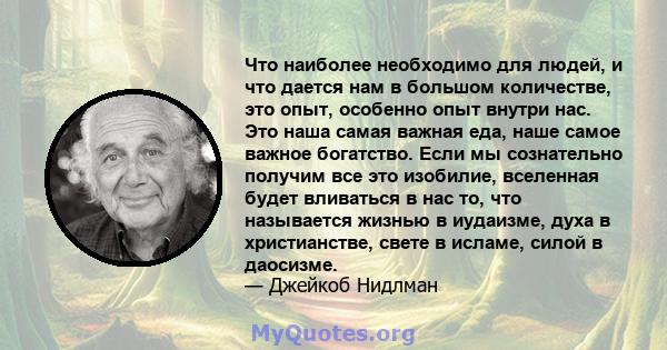 Что наиболее необходимо для людей, и что дается нам в большом количестве, это опыт, особенно опыт внутри нас. Это наша самая важная еда, наше самое важное богатство. Если мы сознательно получим все это изобилие,