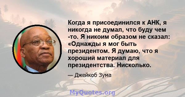 Когда я присоединился к АНК, я никогда не думал, что буду чем -то. Я никоим образом не сказал: «Однажды я мог быть президентом. Я думаю, что я хороший материал для президентства. Нисколько.