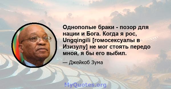 Однополые браки - позор для нации и Бога. Когда я рос, Ungqingili [гомосексуалы в Изизулу] не мог стоять передо мной, я бы его выбил.