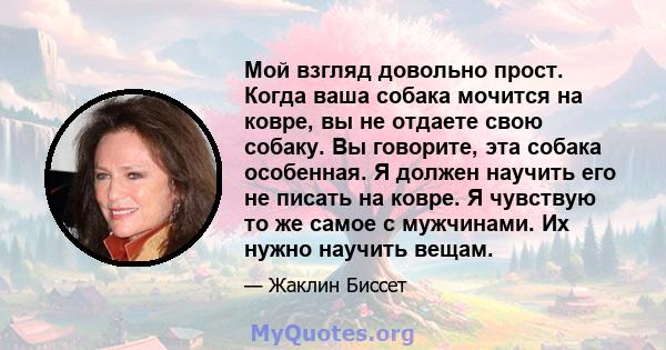 Мой взгляд довольно прост. Когда ваша собака мочится на ковре, вы не отдаете свою собаку. Вы говорите, эта собака особенная. Я должен научить его не писать на ковре. Я чувствую то же самое с мужчинами. Их нужно научить