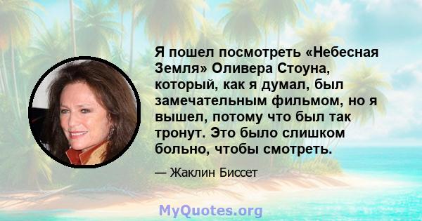 Я пошел посмотреть «Небесная Земля» Оливера Стоуна, который, как я думал, был замечательным фильмом, но я вышел, потому что был так тронут. Это было слишком больно, чтобы смотреть.