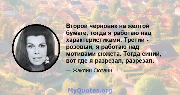 Второй черновик на желтой бумаге, тогда я работаю над характеристиками. Третий - розовый, я работаю над мотивами сюжета. Тогда синий, вот где я разрезал, разрезал.