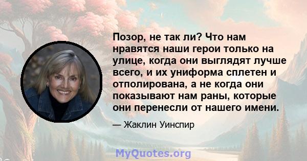 Позор, не так ли? Что нам нравятся наши герои только на улице, когда они выглядят лучше всего, и их униформа сплетен и отполирована, а не когда они показывают нам раны, которые они перенесли от нашего имени.