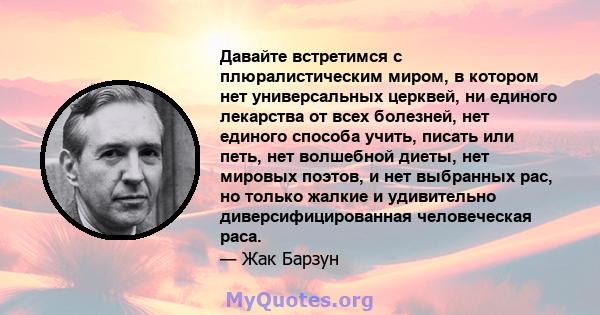 Давайте встретимся с плюралистическим миром, в котором нет универсальных церквей, ни единого лекарства от всех болезней, нет единого способа учить, писать или петь, нет волшебной диеты, нет мировых поэтов, и нет