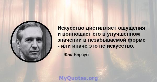 Искусство дистилляет ощущения и воплощает его в улучшенном значении в незабываемой форме - или иначе это не искусство.