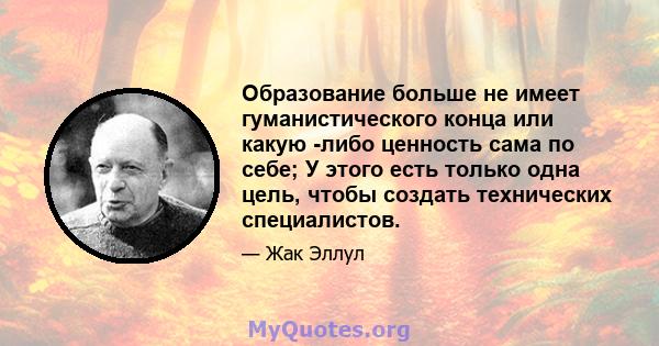 Образование больше не имеет гуманистического конца или какую -либо ценность сама по себе; У этого есть только одна цель, чтобы создать технических специалистов.