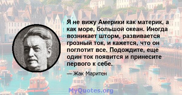 Я не вижу Америки как материк, а как море, большой океан. Иногда возникает шторм, развивается грозный ток, и кажется, что он поглотит все. Подождите, еще один ток появится и принесите первого к себе.