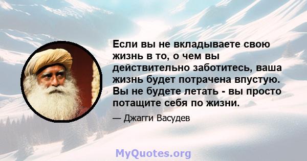 Если вы не вкладываете свою жизнь в то, о чем вы действительно заботитесь, ваша жизнь будет потрачена впустую. Вы не будете летать - вы просто потащите себя по жизни.